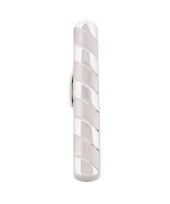 Close-up of a metal twist drill bit with spiraled flutes against a white background.