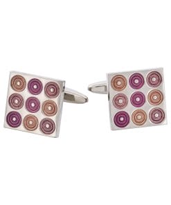 Polished Rhodium Plated Square Cufflinks with 9 Mauve To Purple Inlaid Circles
