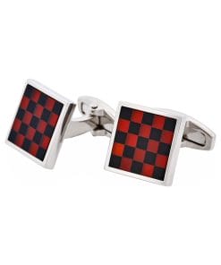 Alternative view of Polished Rhodium Plated Red Agate & Onyx Check Round Cufflinks