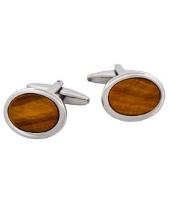 Rhodium Plated Tiger Eye Oval Cufflinks