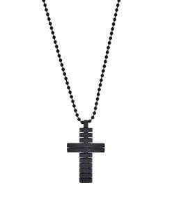 Ion Plated Black Horizontal Stripe Stainless Steel Cross Pendant on Ball Chain