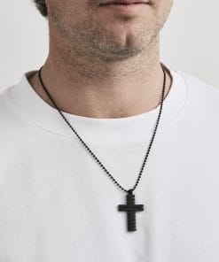 Alternative view of Ion Plated Black Horizontal Stripe Stainless Steel Cross Pendant on Ball Chain