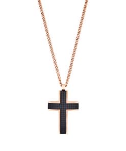 Ion Plated Rose Gold & Black Chequered Inlay Cross OnIon Plated Rose Gold Curbed Link Chain