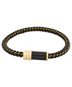 Stainless SteelIon Plated Gold & Black Leather Cable Carbon Fibre Bracelet