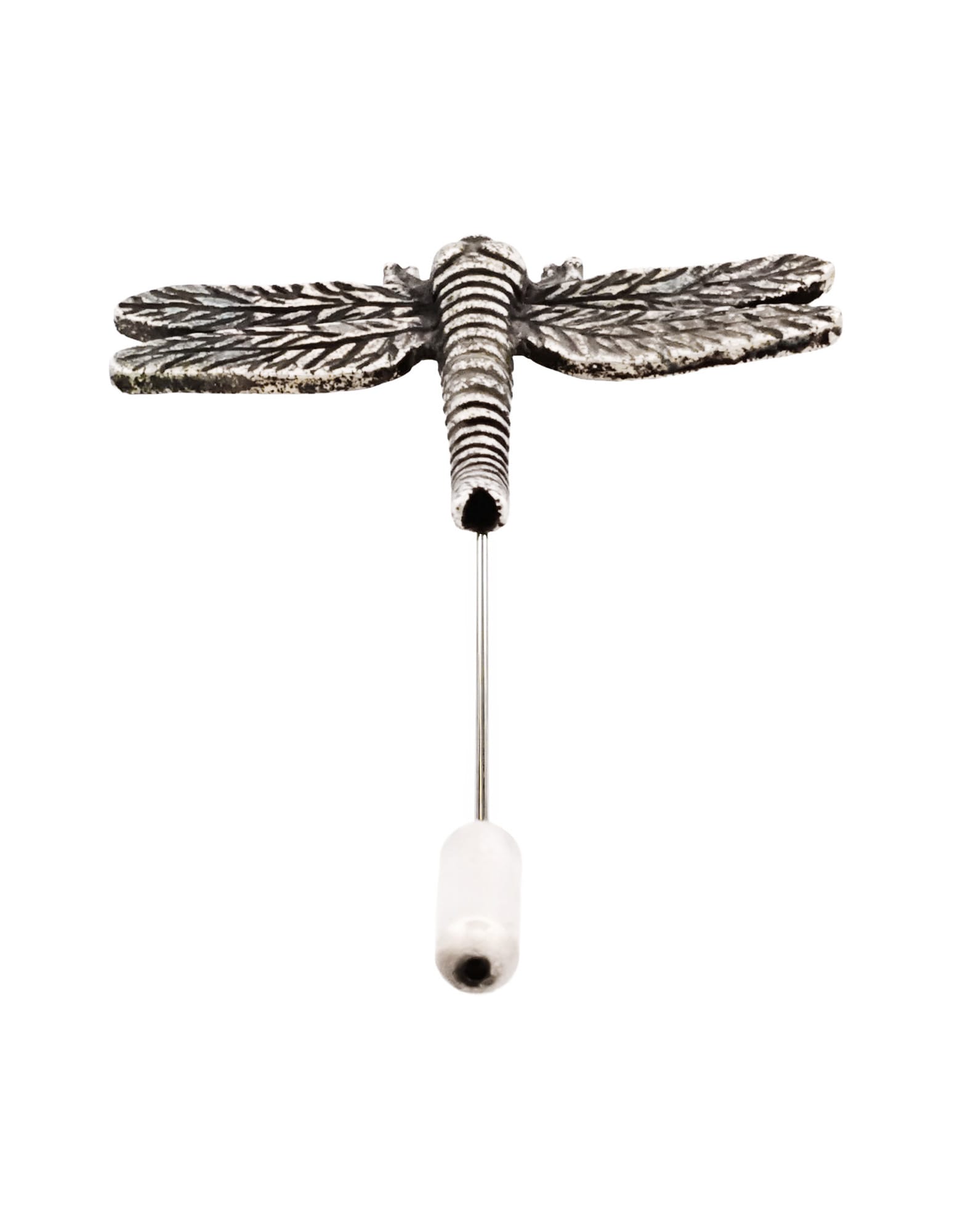 610-76B1 | Cudworth Close-up of a metal dragonfly sculpture with ribbed body and patterned wings mounted on a vertical rod against a white background.