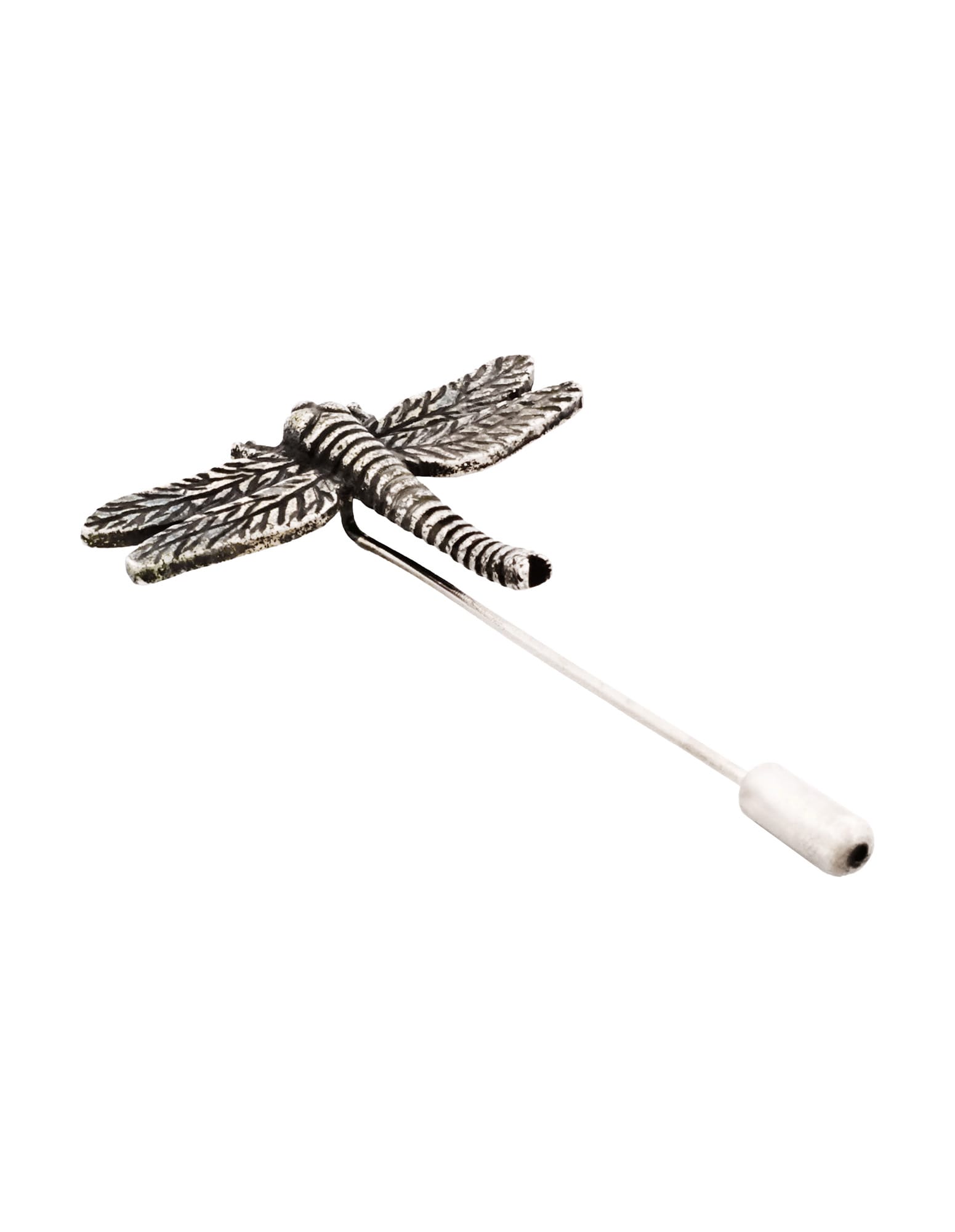 610-76B2 | Cudworth Close-up of a textured metal dragonfly figure attached to a thin white stem on a white background.