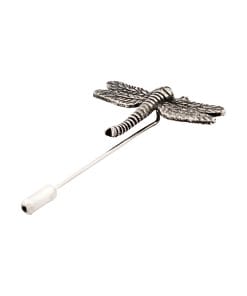Decorative metal dragonfly ornament mounted on a thin rod against a white background.