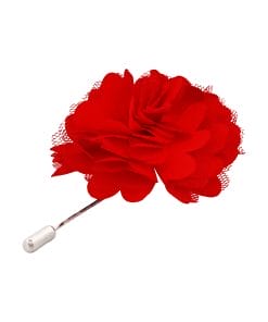 Close-up of a red artificial flower with lace-like mesh around the petals against a white background.