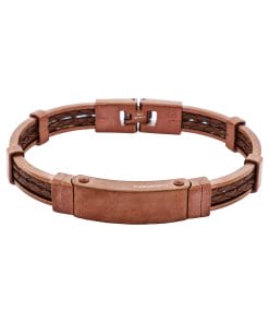 Antique Ion Plated Brown Stainless Steel Bracelet with Double Strand Braided Brown Leather
