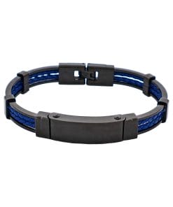 Ion Plated Polished Black Stainless Steel & Blue Leather Bracelet