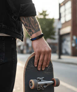 Alternative view of Ion Plated Polished Black Stainless Steel & Blue Leather Bracelet