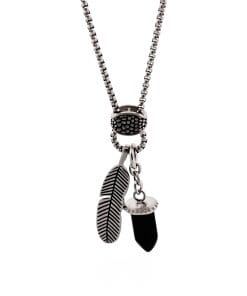 Antique Stainless Steel - Agate Bullet & Feather Pendant on Box Chain