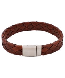 Burnished Cognac Leather Stainless Steel Bracelet 21.5cm