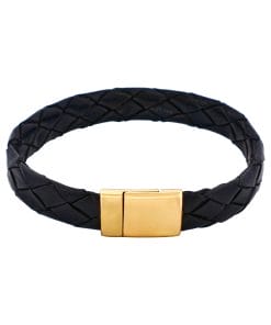Ip14k Gold Stainless Steel & Black Calf Leather Bracelet