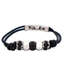 Stainless Steel &Ion Plated Black Beaded & Leather Bracelet