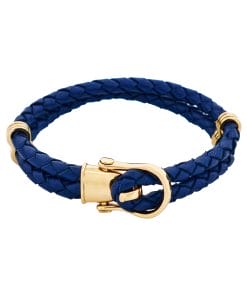 Ion Plated 14k Gold Stainless Steel Blue Leather Buckle Bracelet