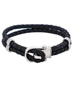 Polished Stainless Steel Buckle Black Leather Bracelet