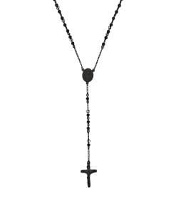 Ion Plated Black Stainless Steel & Black Agate Rosery Bead Cross Pendant