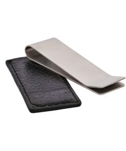 Close-up of a black leather wallet strap with a shiny silver money clip attached.