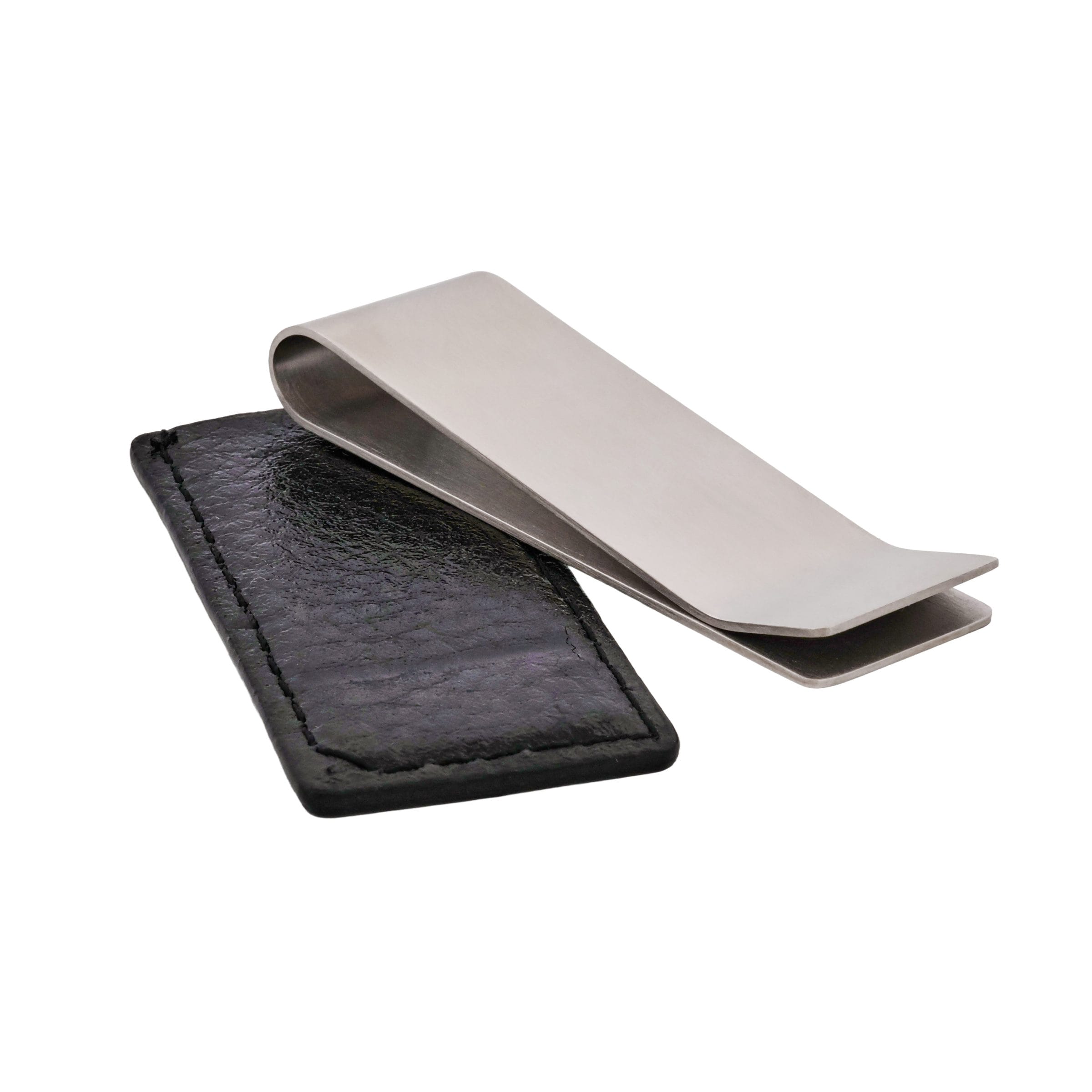 500-15 | Cudworth Close-up of a black leather wallet strap with a shiny silver money clip attached.
