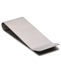 Close-up of a silver metal stapler angled diagonally, showing its curved top and base edge.