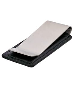 Close-up of a silver metal stapler with a black base on a white background.