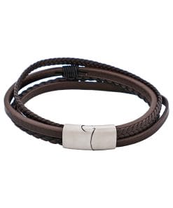 Dark Brown Multi Strand Leather & Stainless Steel Bracelet