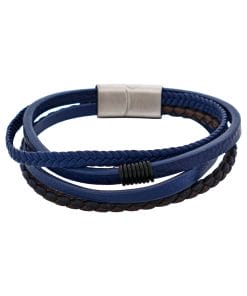Dark Brown & Blue Multi Strand Leather & Stainless Steel Bracelet