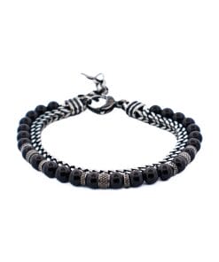 Antique Ion Plated Stainless Steel Gun Agate Beaded Bracelet