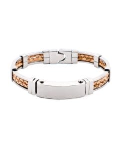 Polished Stainless Steel Bracelet with Double Strand Braided Tan Leather