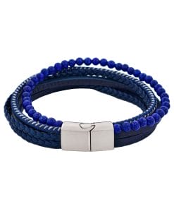 Blue Leather Multi Strand & Lapis Stainless Steel Bracelet