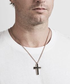 Alternative view of Ion Plated Rose Gold & Black Chequered Inlay Cross OnIon Plated Rose Gold Curbed Link Chain