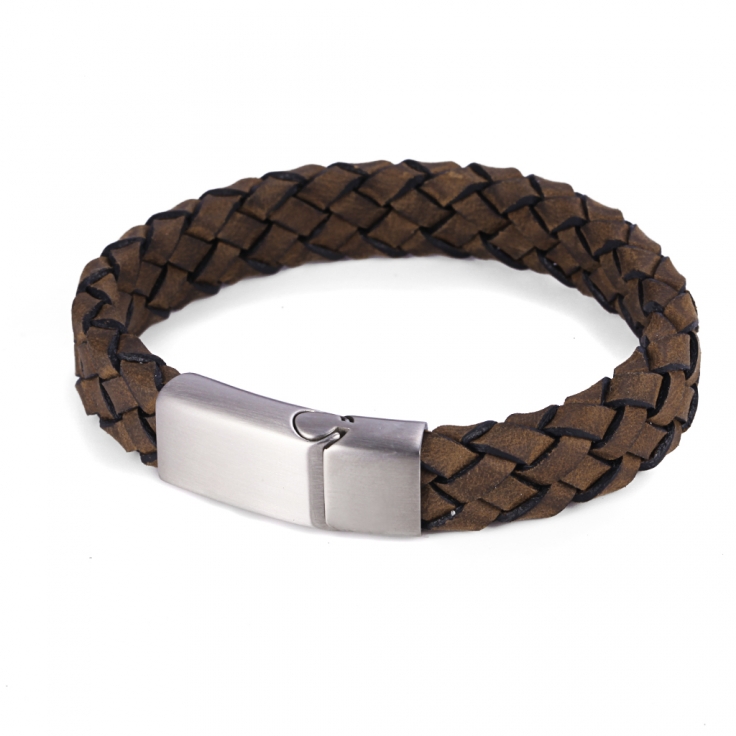 Braided Antique Brown Italian Suede Leather & Brushed Stainless Steel ...