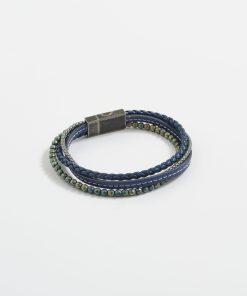 Alternative view of Multi-Strand Blue Leather & Hematite Beads Bracelet with Ion Plated Antique Stainless Steel Magnetic Clasp