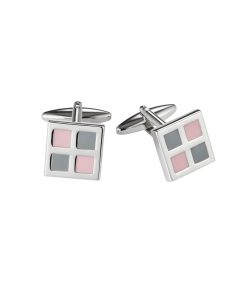 Alternative view of Polished Rhodium Plated Square Cufflinks with Pink & Grey Enamel Inlay