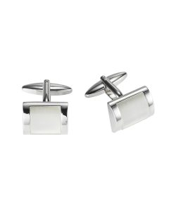 Alternative view of Rhodium Plated Rectangle Cufflinks with Curved Face White Cat’s Eye Inlay