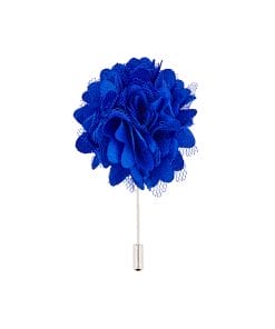 Blue fabric florets arranged in a pom-pom on a slender metal stem against a white background.