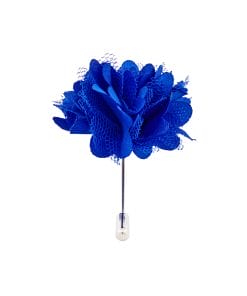 Blue fabric flower on a slim silver pin, decorative accessory with mesh petals