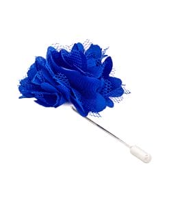 Blue fabric flower with mesh petals attached to a thin stem against a white background.
