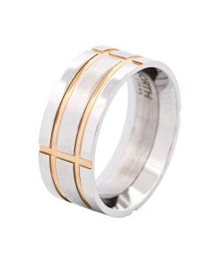 Brushed Stainless Steel & Ion Plated Yellow Gold Indented Grid Ring