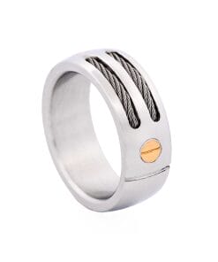 Alternative view of Brushed Stainless Steel with Cable Wire and Gold Screws Ring