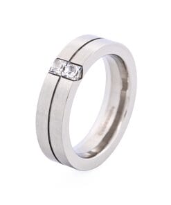 Alternative view of Brushed Stainless Steel Ring with Two Cubic Zirconia