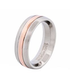 Brushed Stainless Steel Ring with Ion Plated Rose Gold Centre Band