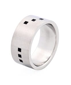 Brushed Stainless Steel Ring with Small Black Enamel Squares