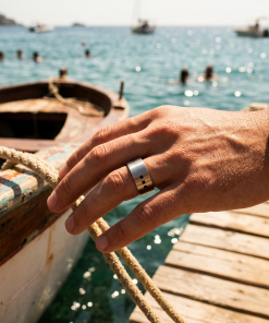 Alternative view of Brushed Stainless Steel Ring with Small Black Enamel Squares