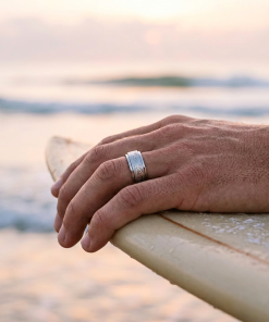 Alternative view of Polished and Brushed Stainless Steel Spinner Ring with Etched Centre Pattern