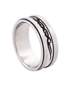Brushed Stainless Steel Spinner Ring with Black Enamel Etched Centre