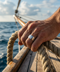 Alternative view of Polished Stainless Steel Ring with Etched Greek Key Pattern