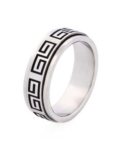 Brushed Stainless Steel Ring with Black Enamel Greek Key Pattern