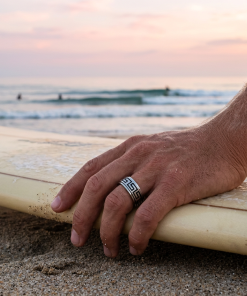 Alternative view of Brushed Stainless Steel Ring with Black Enamel Greek Key Pattern